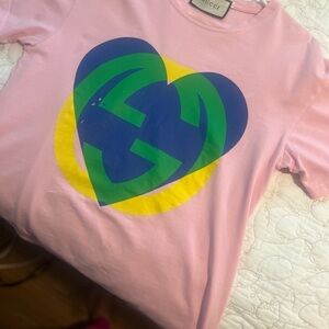Gucci Pink and Blue Short Sleeve Tee with Heart Design